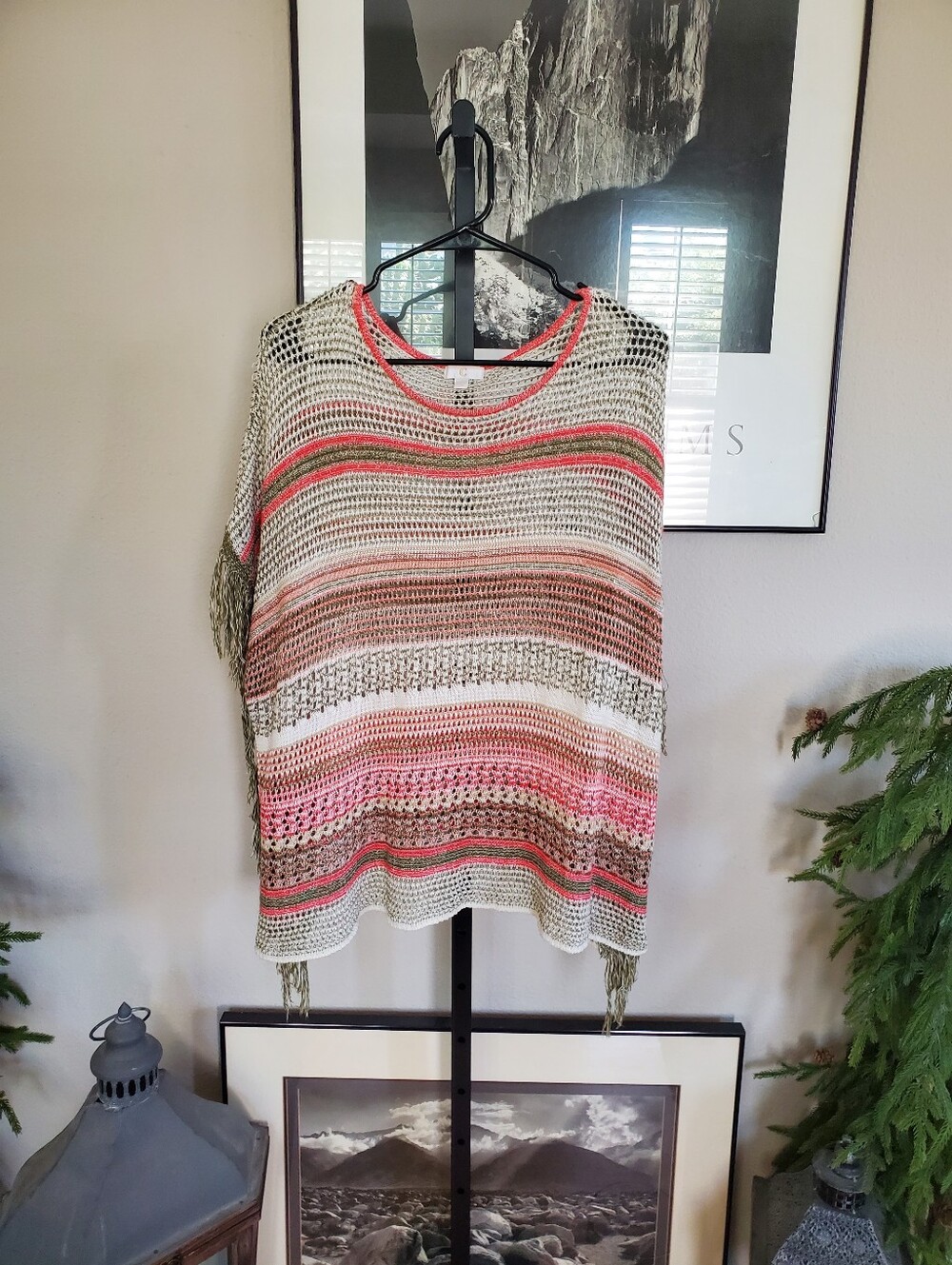 #45 C Open-Knit Striped Sweater Top in Cream, Pink & Olive